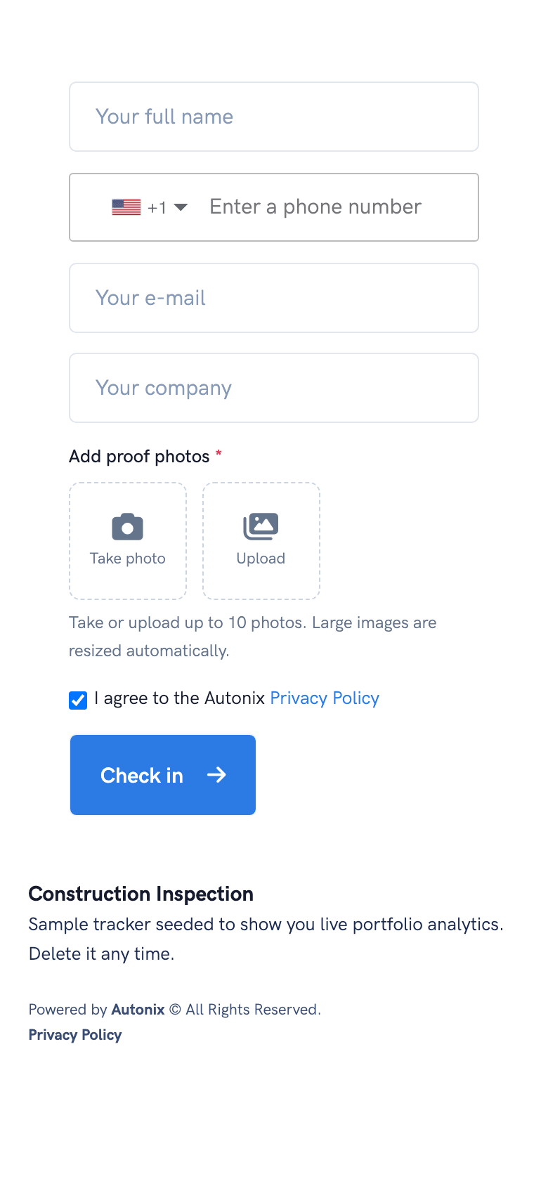 Mobile check-in form collecting name, email, phone, and optional photo