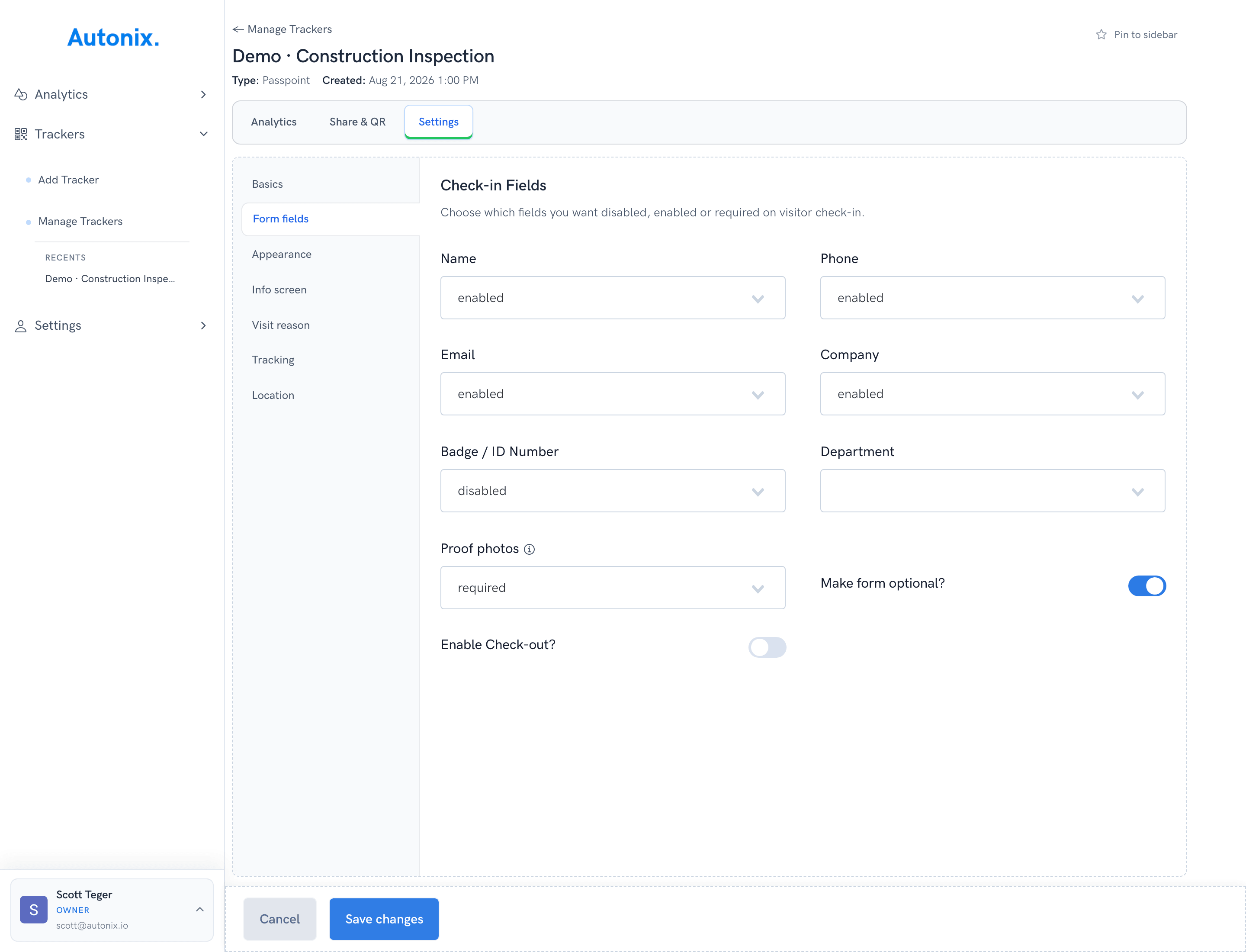 Tracker settings for check-in form fields, GPS, and proof photos