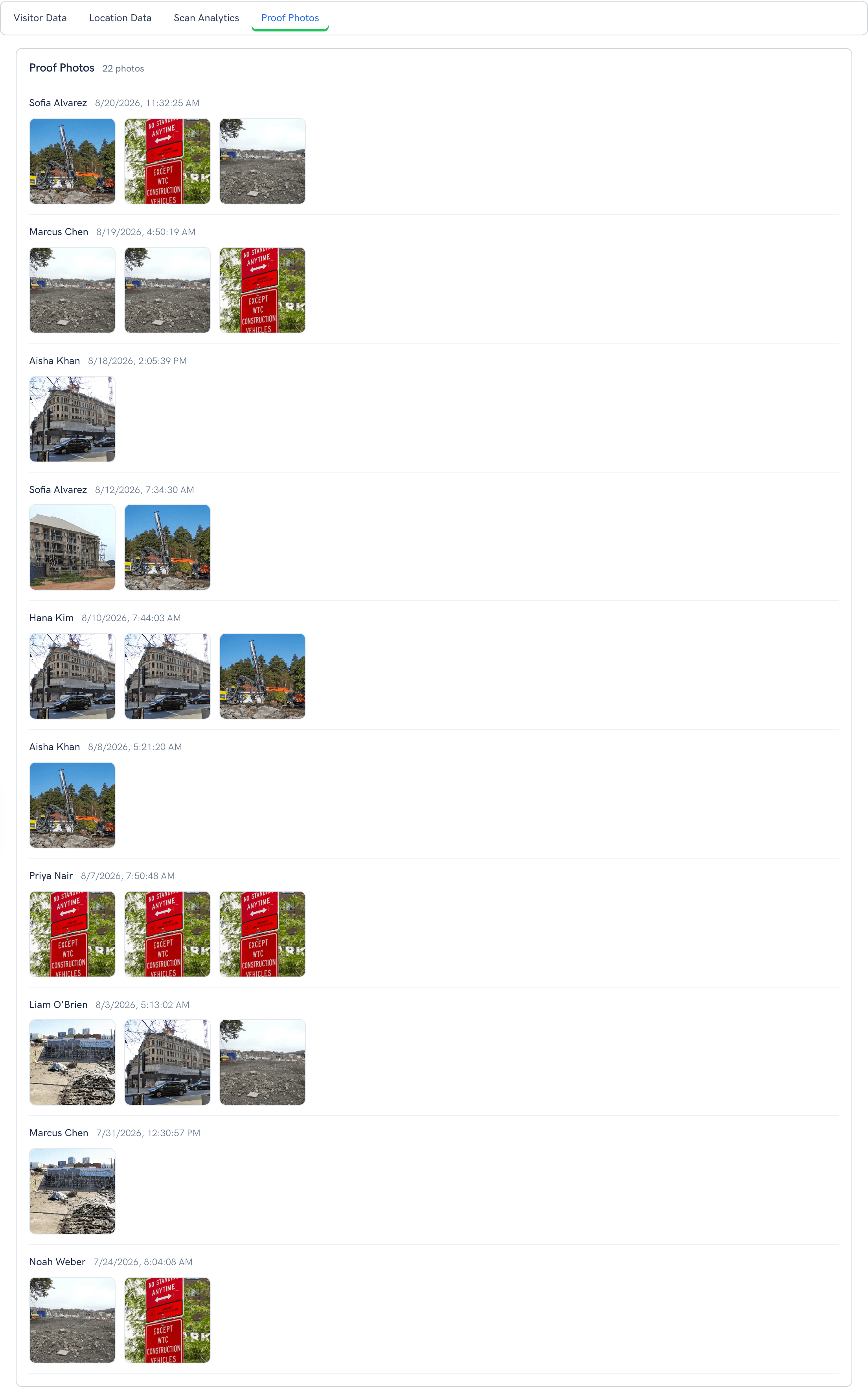 Proof Photos tab grouping inspection photos by visit