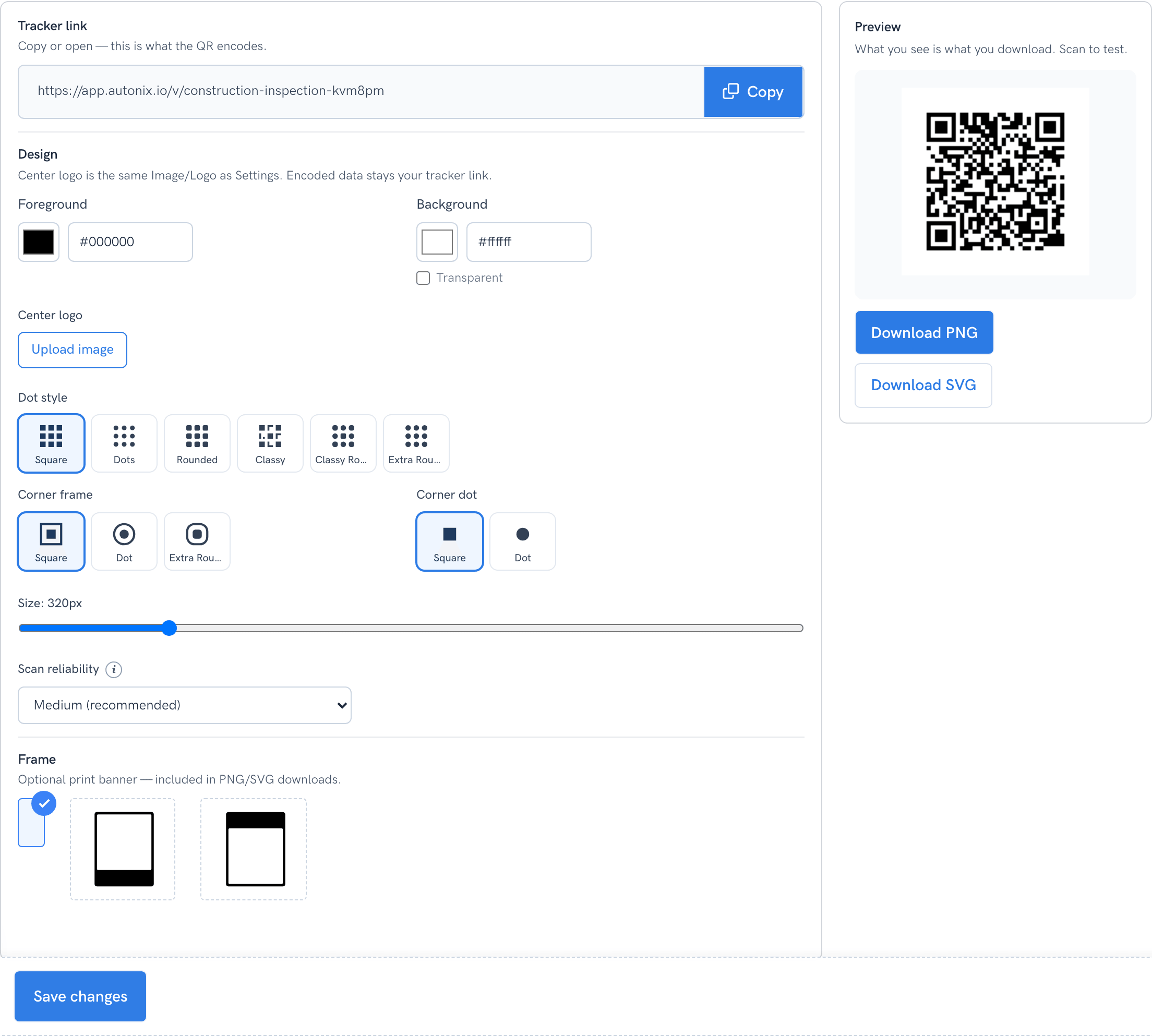 Share and QR designer with live preview, colors, logo, and download options