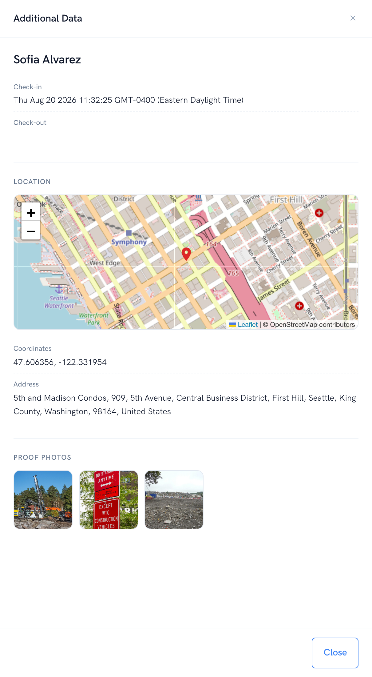 A single Autonix check-in showing the visitor name, check-in time, a map pin with coordinates and address, and proof photos